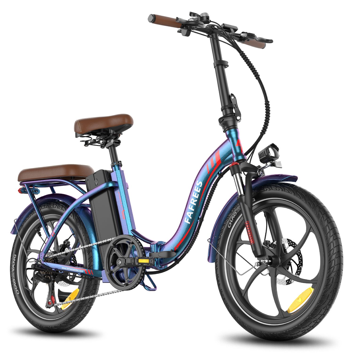 Faltbares E-Bike, blau-violett. Brauner Sattel und Gepäckträger. Schwarze Reifen und Felgen. Marke FAFREES.
