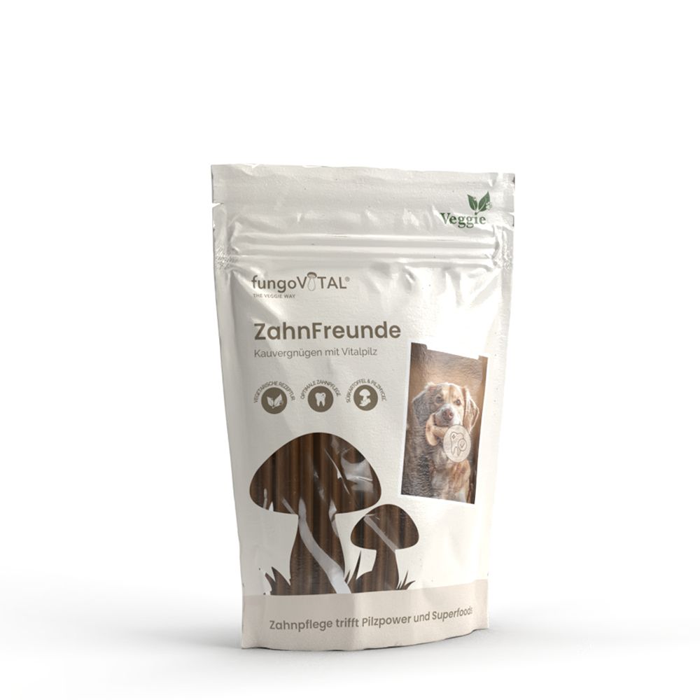 Verpackung fungoVITAL ZahnFreunde. Knabberartikel für Hunde. Veggie-Logo. Abbildung eines Hundes.