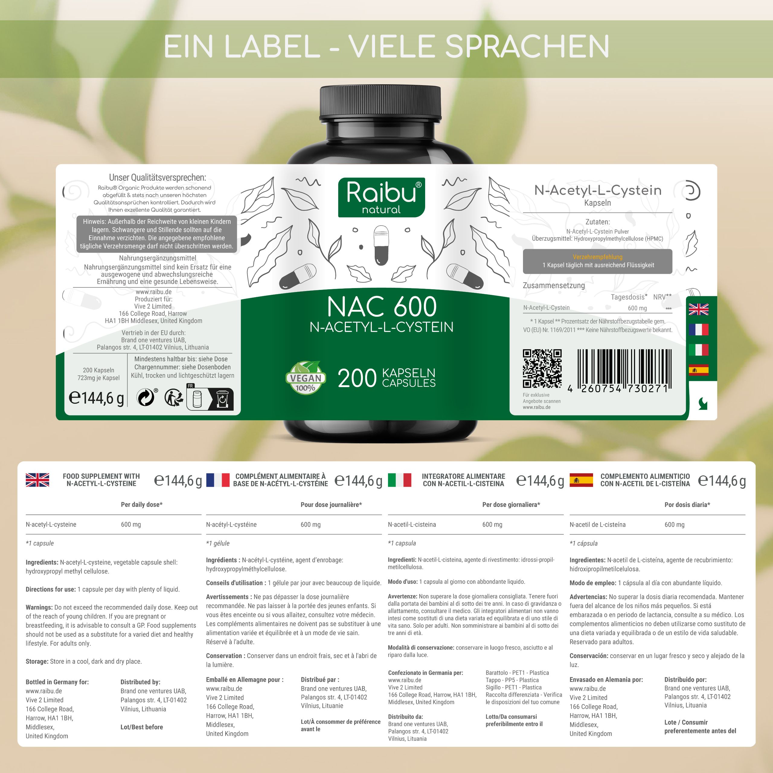 Etikett mit Produktinformationen in verschiedenen Sprachen. NAC 600 Kapseln. 200 Kapseln. Vegan-Siegel.