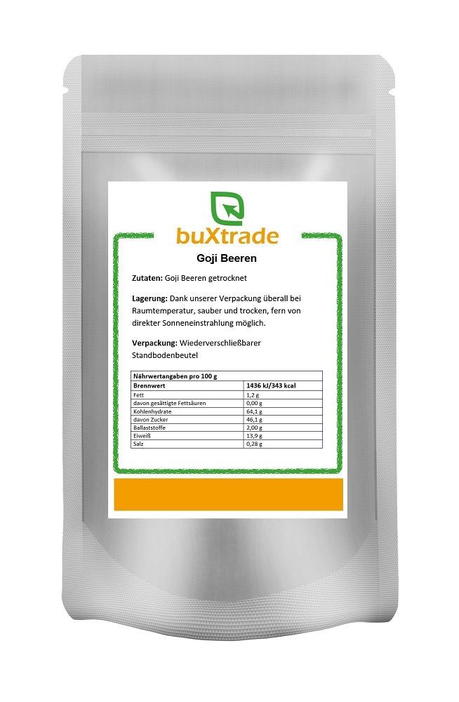 Beutel mit buXtrade Goji Beeren. Aufdruck mit Produktinformationen und Nährwerttabelle. Wiederverschließbar.