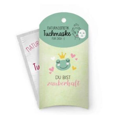 Gesichtsmaske-Verpackung mit Frosch-Illustration und Text. Daneben eine einzelne Maske in Folienverpackung.