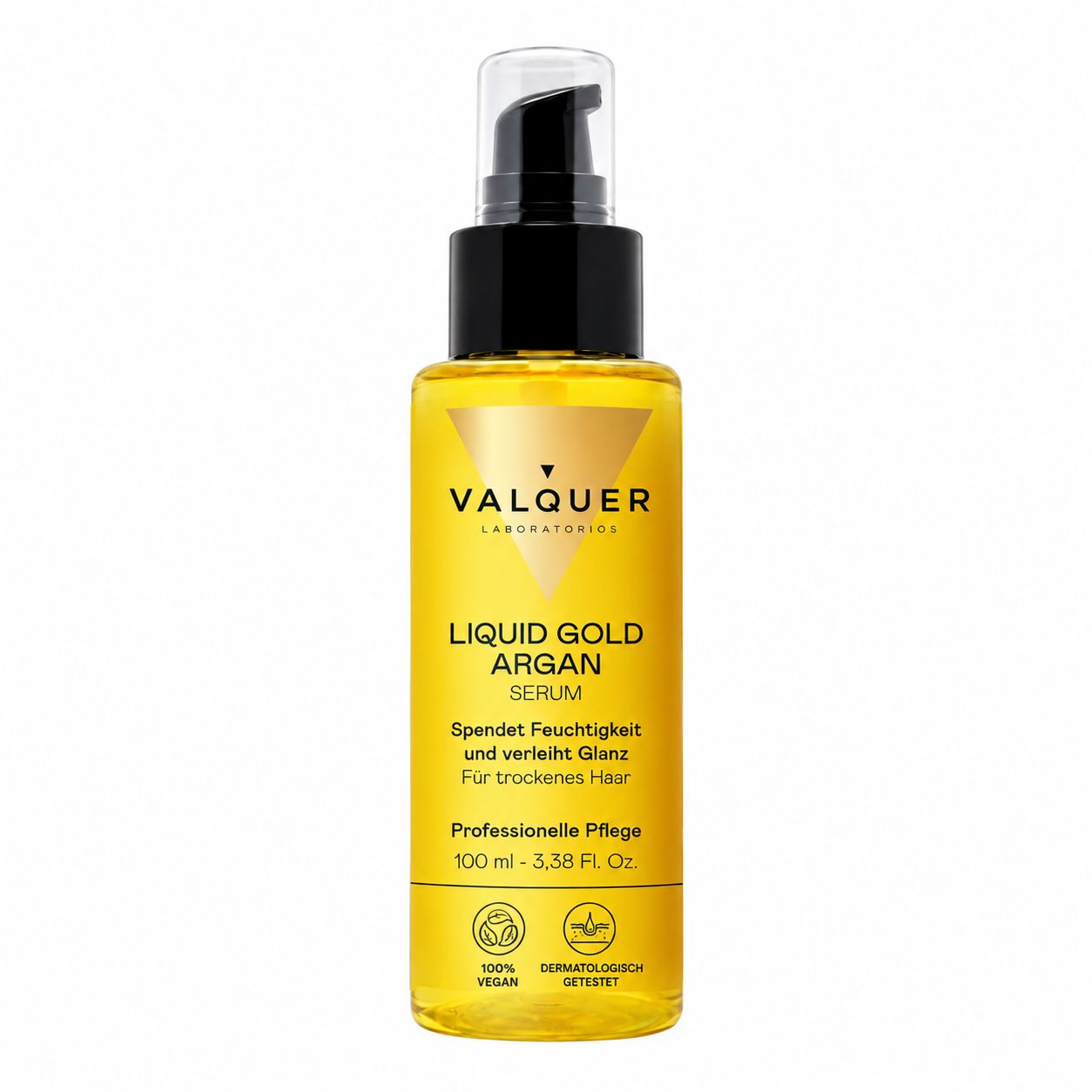 Valquer Liquid Gold Argan Serum Flasche mit Pumpspender, 100ml. Vegan und dermatologisch getestet.