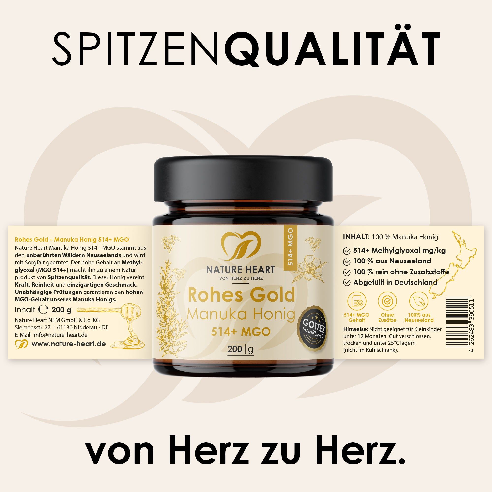 Honigglas mit Etiketten. Text: "Rohes Gold Manuka Honig 514+ MGO", Logo, "Gottes Nahrung" Siegel. Zusätzliche Etiketten mit Informationen.