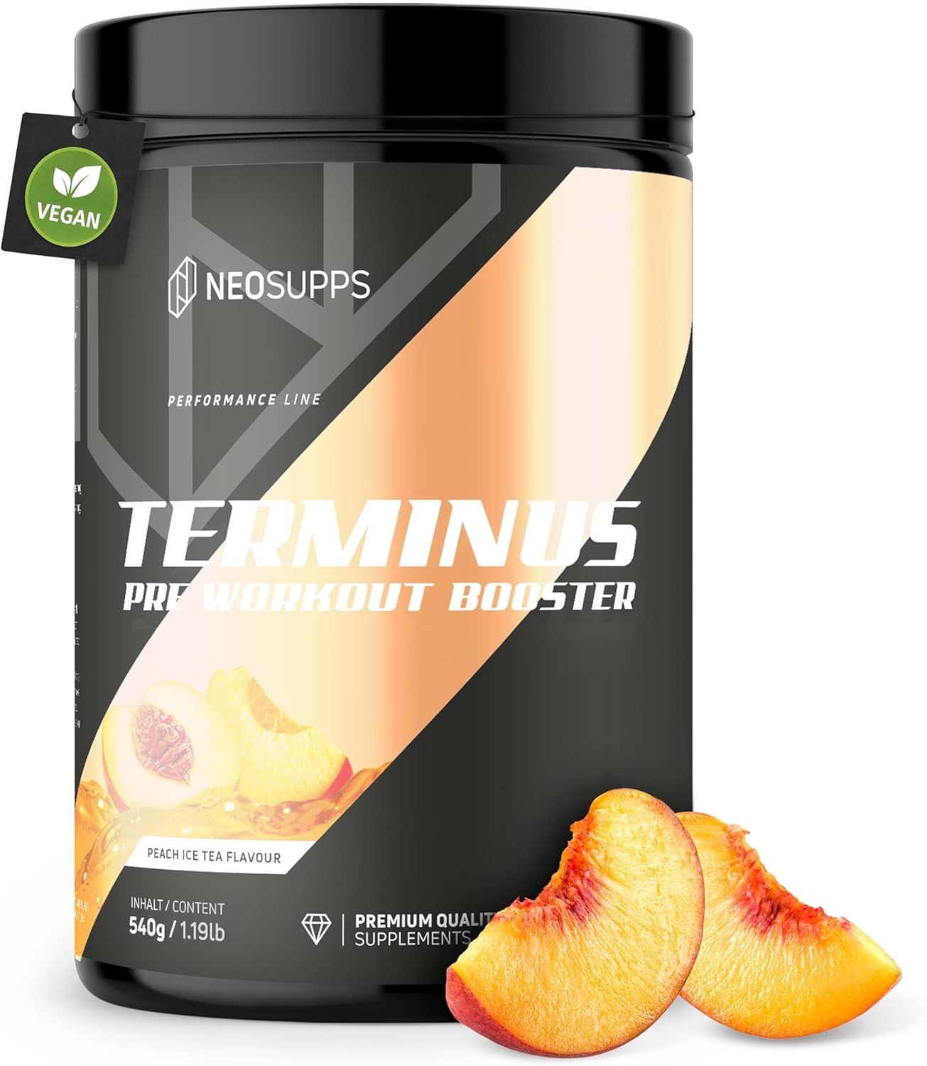 Schwarze Dose mit goldfarbenem Etikett. Aufschrift: TERMINUS Pre Workout Booster. Marke: NEOSUPPS. Pfirsich-Eistee-Motiv. Vegan-Siegel.