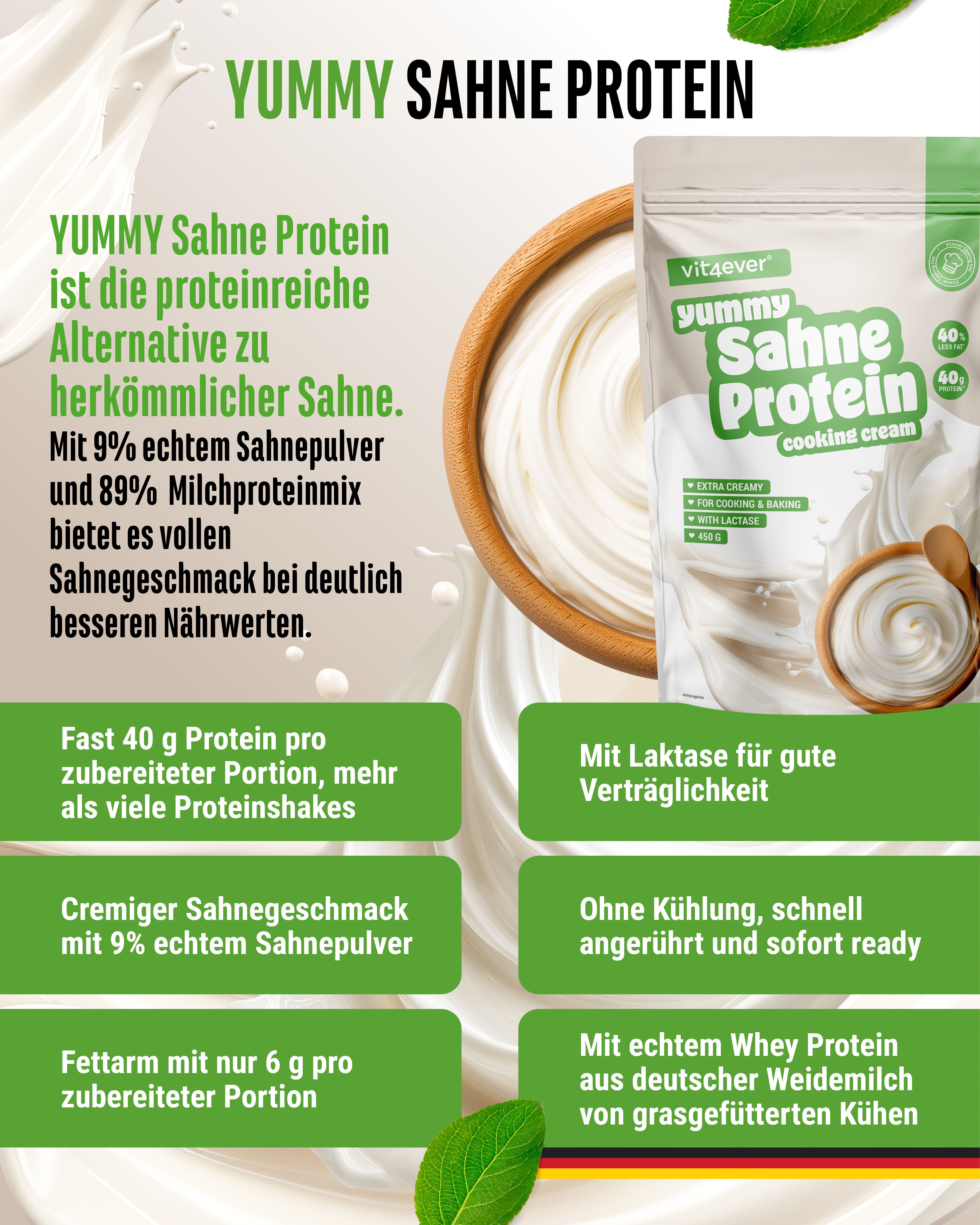Yummy Sahne Protein, proteinreiche Alternative. Beutel mit Produktabbildung. Enthält 9% Sahne- und 89% Milchproteinpulver. Ohne Kühlung, schnell zubereitet.