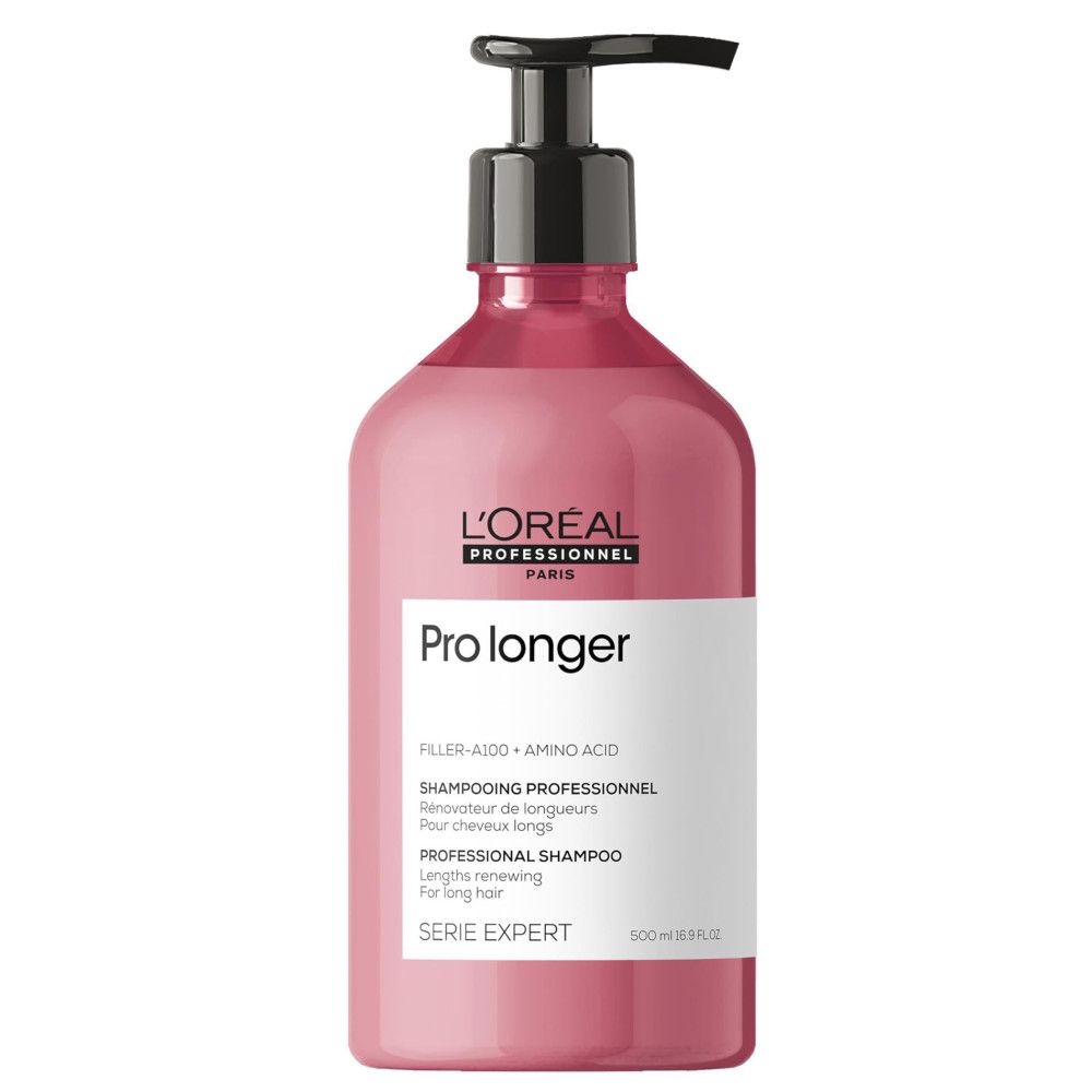 Rosa Shampoo-Flasche mit schwarzem Pumpverschluss. Text: L'Oréal Professionnel, Pro Longer, Shampooing Professionnel, Serie Expert, 500ml.