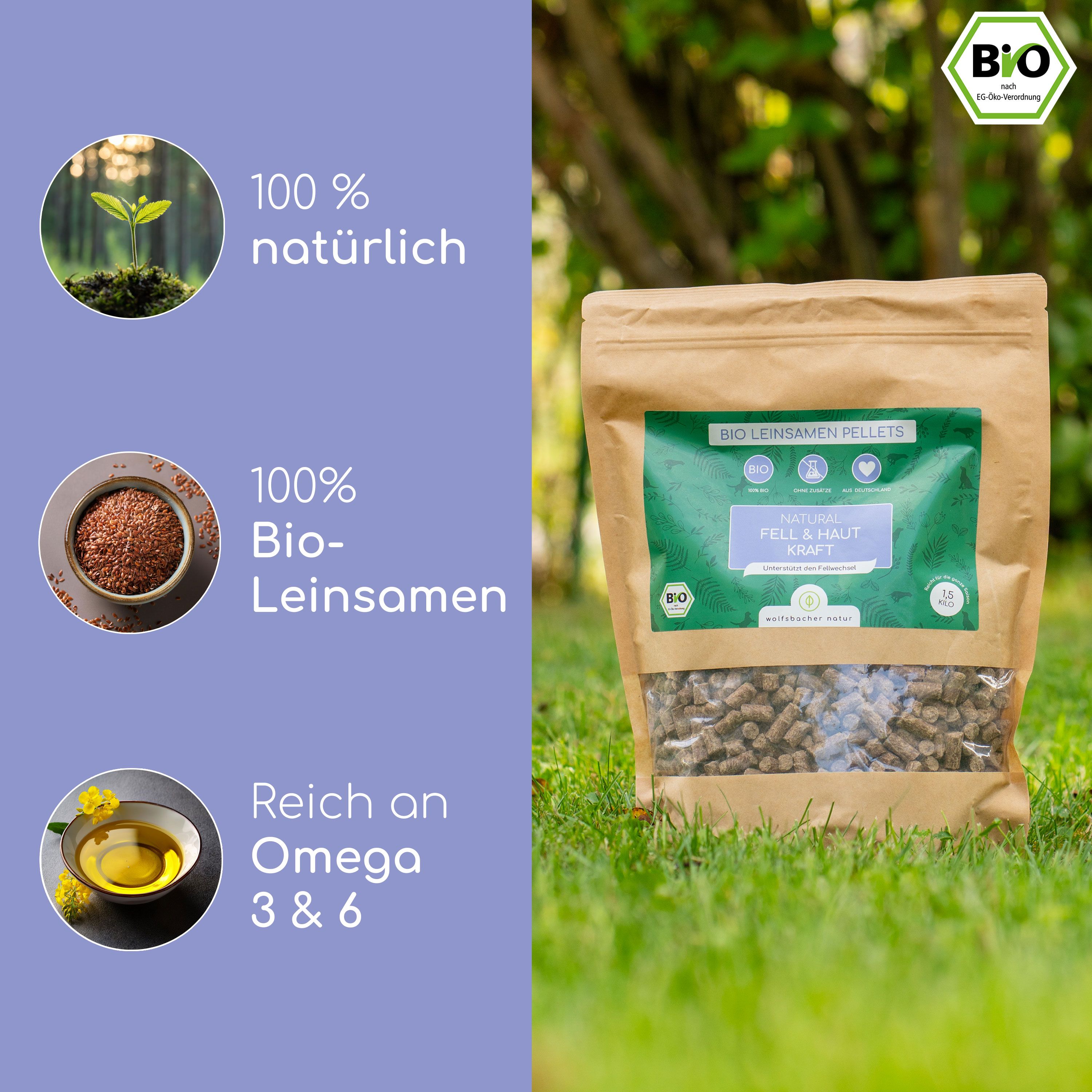 Beutel mit Pellets neben Zutaten. Text: BIO Leinsamen Pellets, Natural Fell & Haut Kraft. Grafiken: 100% natürlich, 100% Bio-Leinsamen, Omega 3 & 6.
