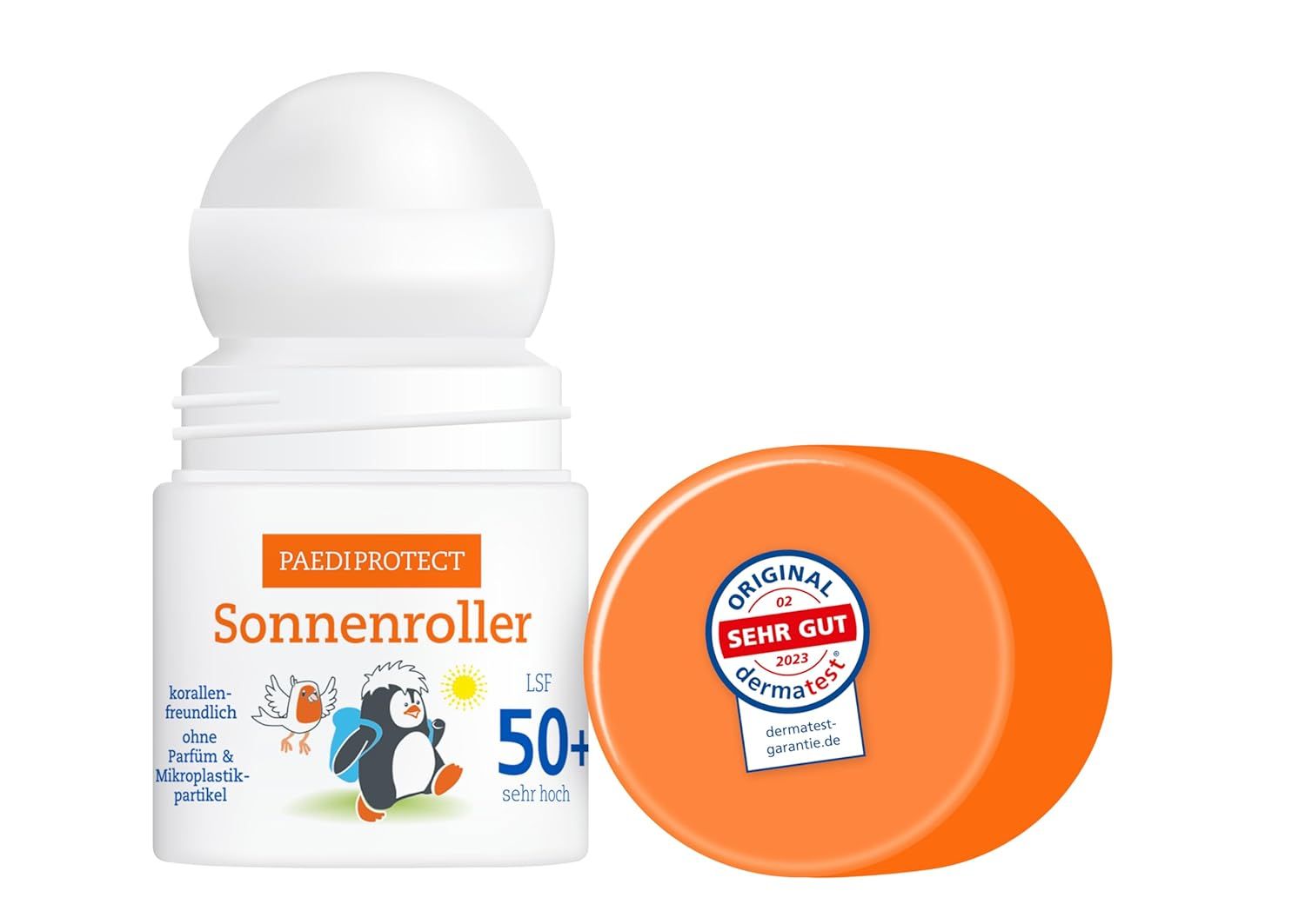 Sonnenroller mit abgenommenem orangefarbenem Deckel. Aufschrift: PAEDIPROTECT Sonnenroller LSF 50+. Dermatest-Siegel. Illustrationen von Pinguin und Vogel.