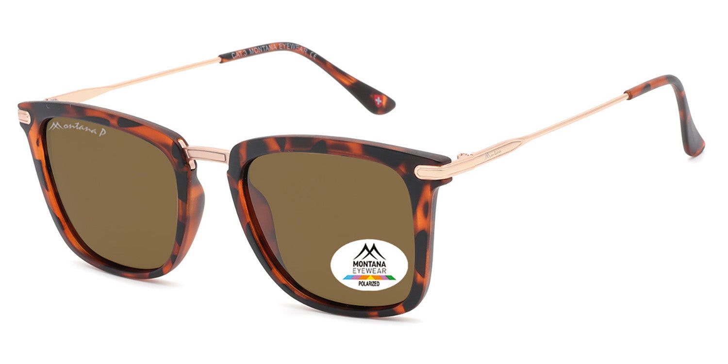 Sonnenbrille mit braunen Gläsern und Schildpatt-Fassung. Goldfarbene Bügel. Auf einem Glas ist ein Aufkleber mit Logo und Polarized.