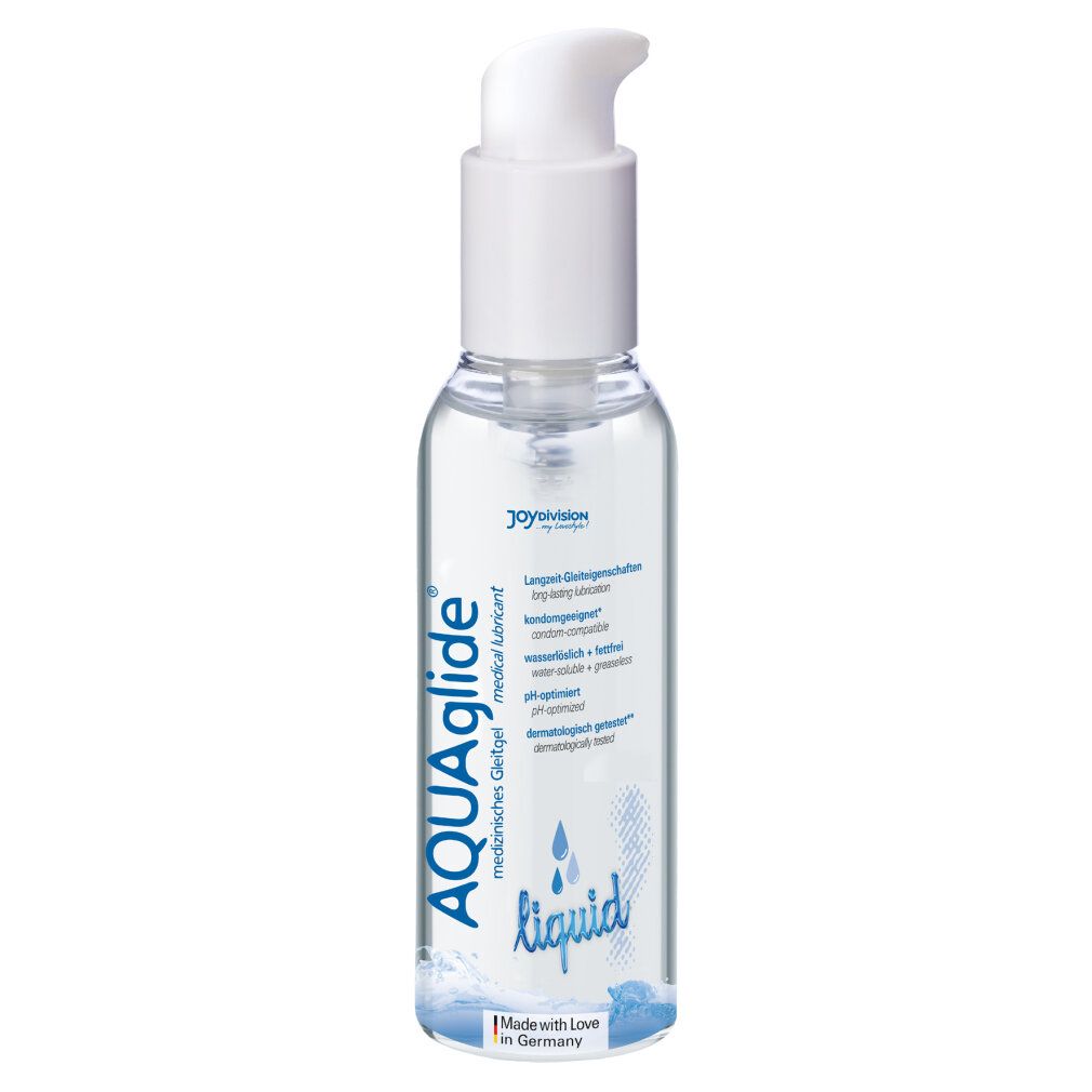 Transparente Flasche mit blauem Pumpkopf. Aufschrift: AQUAglide, liquid. Text in Deutsch. Made with Love in Germany.