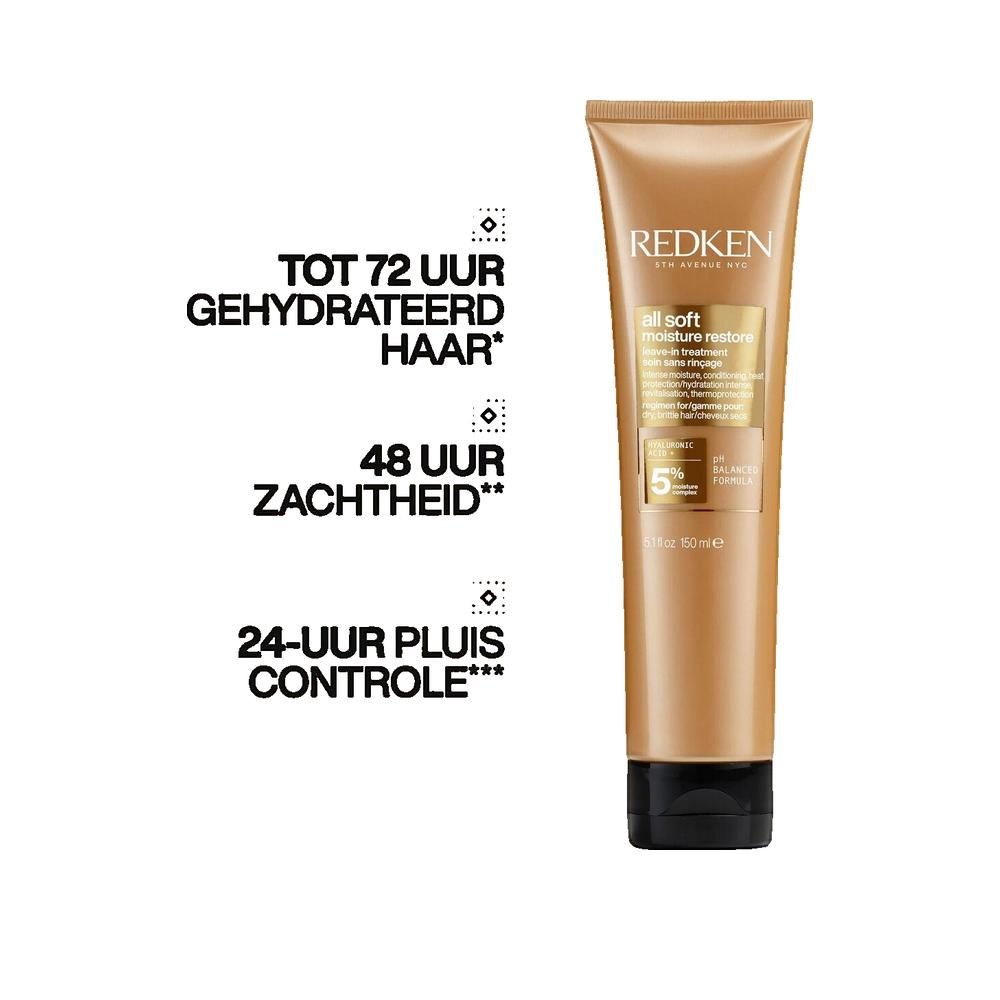 Goldfarbene Tube mit schwarzem Deckel. Text: Redken All Soft, Feuchtigkeit wiederherstellen.