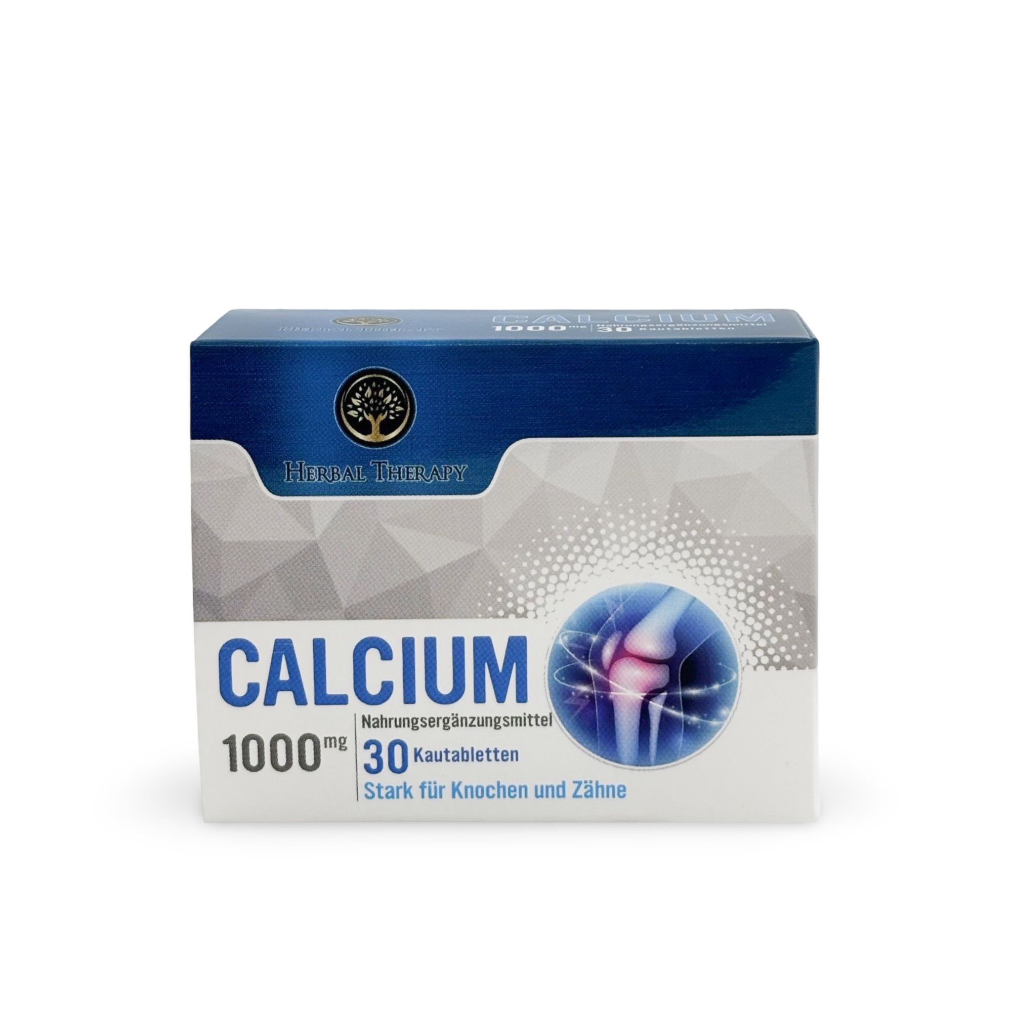 Karton mit Herbal Therapy KALZIUM 1000 mg. Blaue und weiße Verpackung mit Produktnamen und Illustration eines Knies.