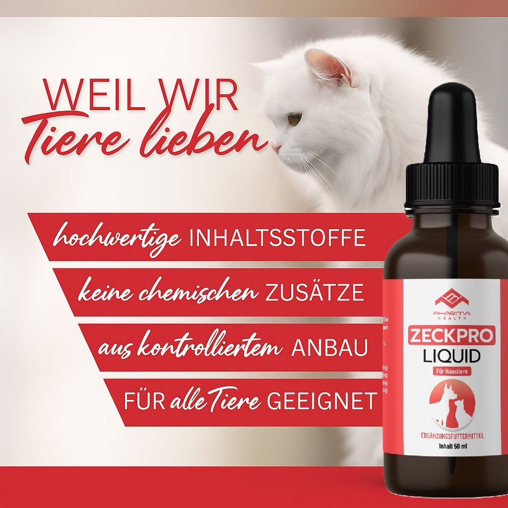 Braune Flasche mit schwarzem Deckel und Pipette. Rotes Etikett mit Text: Zeckpro Liquid. Eine weiße Katze ist im Hintergrund zu sehen.