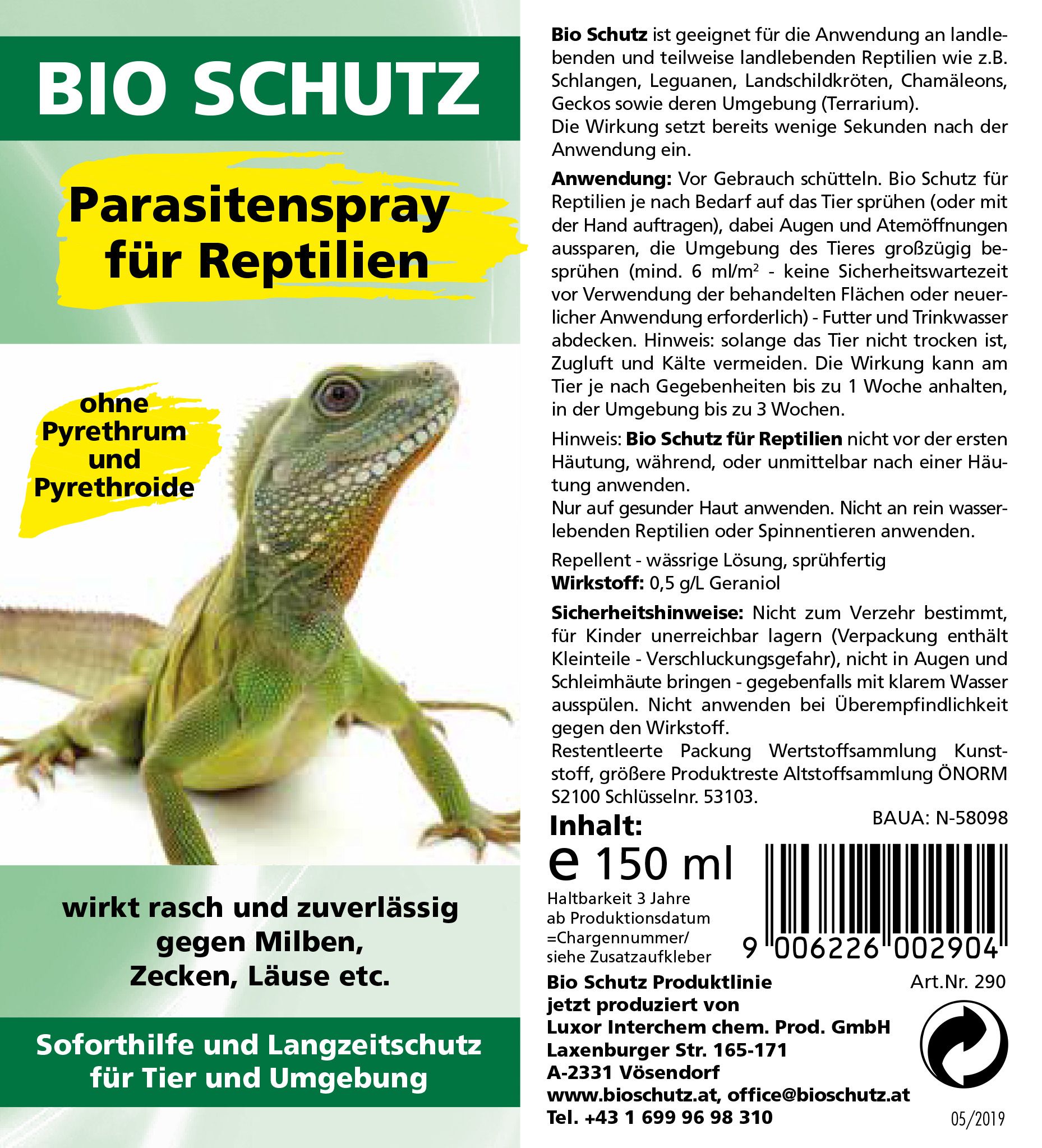 Etikett mit Text und Abbildung einer Echse. Aufschrift: Bio Schutz Parasitenspray für Reptilien. Enthält keine Pyrethrum und Pyrethroide.