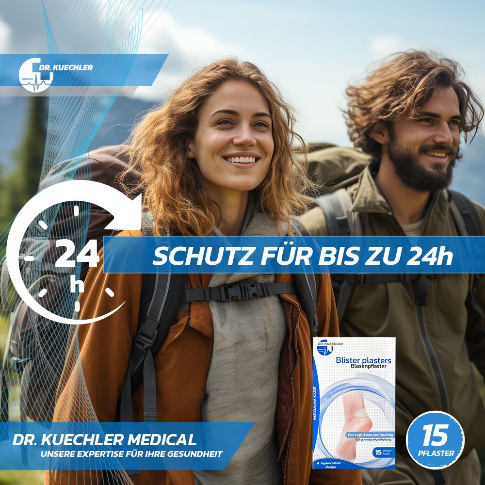 Wanderer mit Blasenpflaster-Packung. Schutz bis zu 24 Stunden.