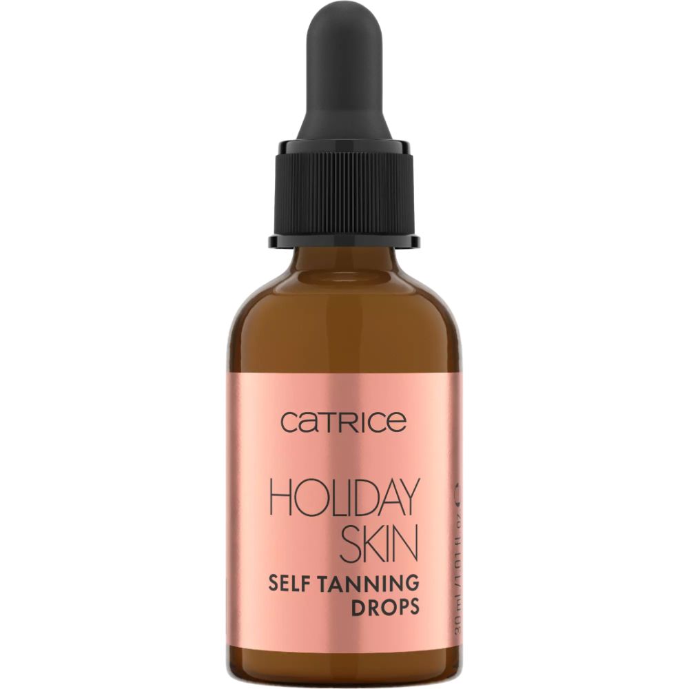 Braune Glasflasche mit Pipette. Aufschrift: Catrice, Holiday Skin, Self Tanning Drops.