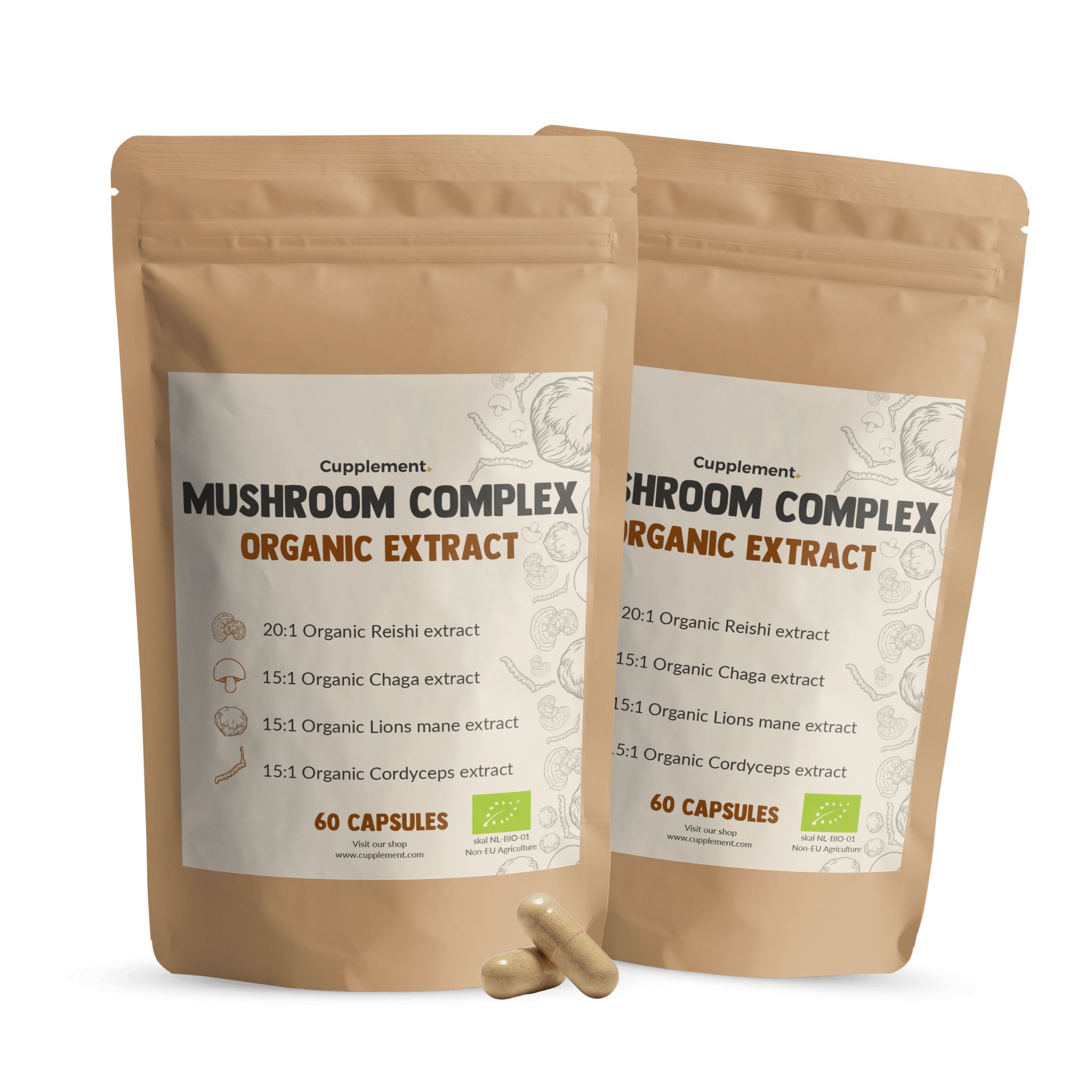 Zwei Beutel Cupplement Mushroom Complex. Aufschrift: 60 Kapseln, Bio-Zertifizierung. Braune Kapseln liegen daneben.