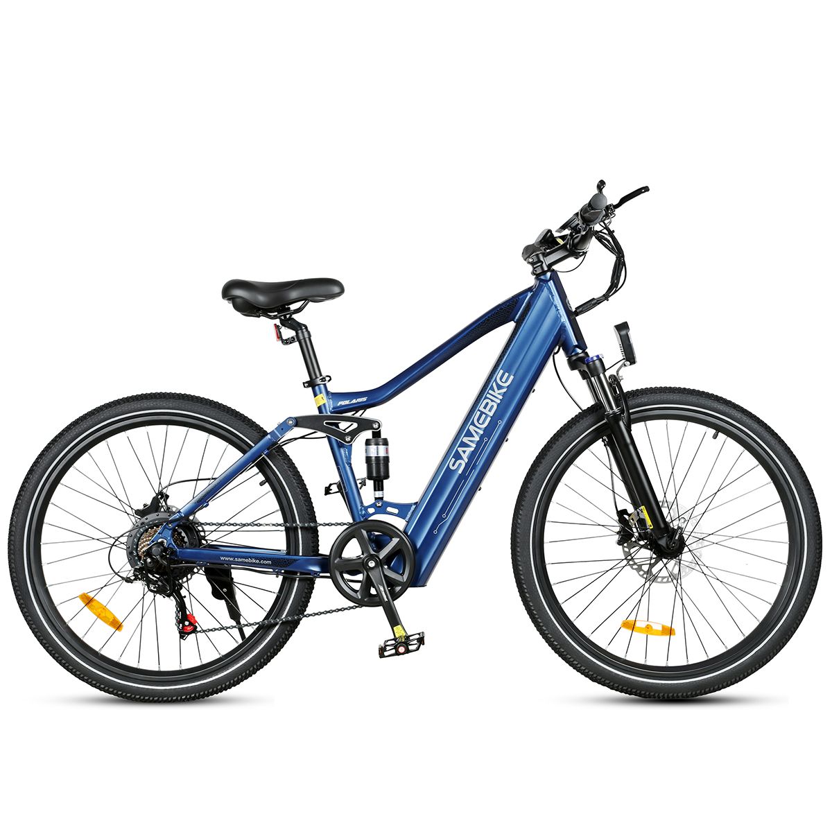 Blaues Elektrofahrrad. Schwarze Reifen, Sattel und Lenker. Gelbe Reflektoren. Marke Samebike.