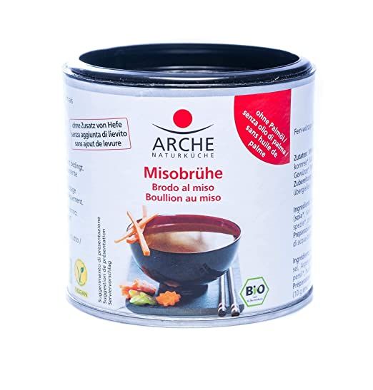 Arche Misobrühe Dose mit Hinweisen auf biologischen Anbau und Verzicht auf Hefe und Palmöl. Zeigt eine Schüssel Misosuppe.