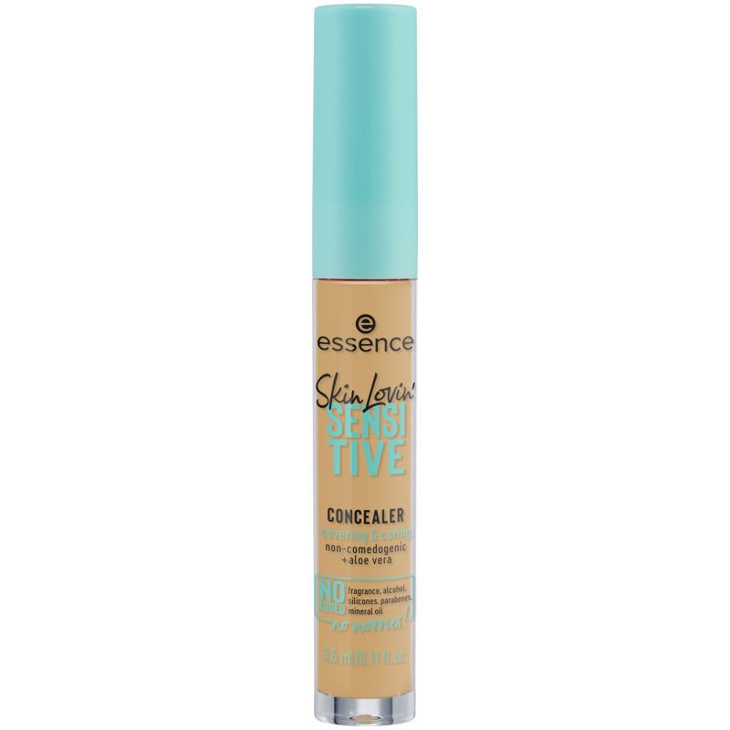 Essence Skin Lovin' Sensitive Concealer in einem transparenten Fläschchen mit hellblauem Deckel und Applikator.