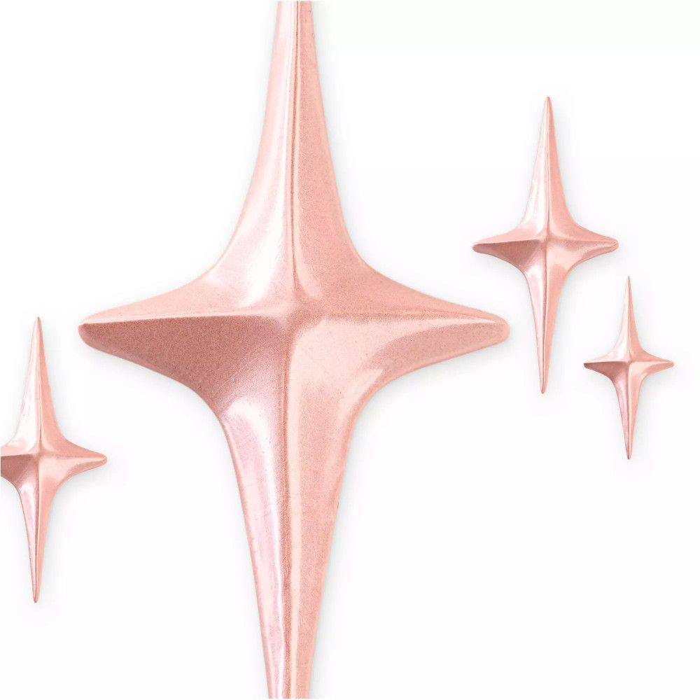 Vier sternförmige Dekorationen in Rosa. Glänzende Oberfläche.