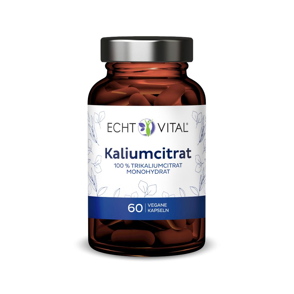 Braune Glasflasche mit Kapseln. Etikett mit "Echt Vital Kaliumcitrat". 60 Kapseln, vegan. Deckel silberfarben.