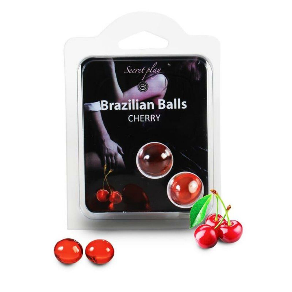 Verpackung mit zwei roten Kugeln, Kirschen und stilisiertem Arm. Produktname: Brazilian Balls Cherry.