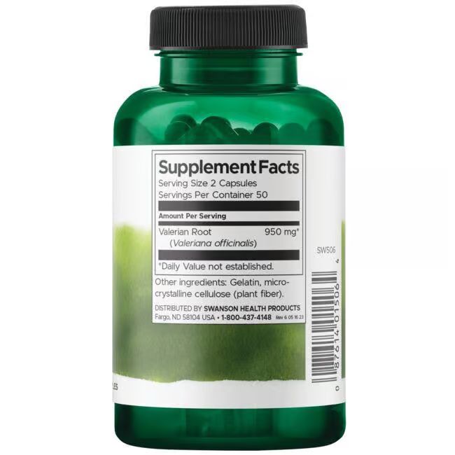Rückseite der grünen Flasche. Weißes Etikett mit Nährwertangaben, Inhaltsstoffen und "SWANSON HEALTH PRODUCTS".