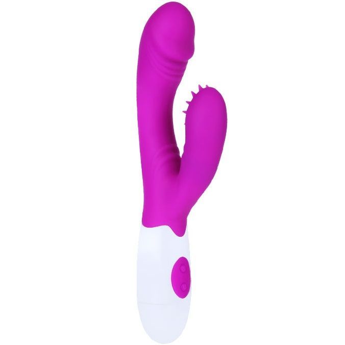 Lila Vibrator mit weißem Griff. Zwei Knöpfe am Griff. Gebogene Form mit strukturiertem Bereich. Auf weißem Hintergrund.