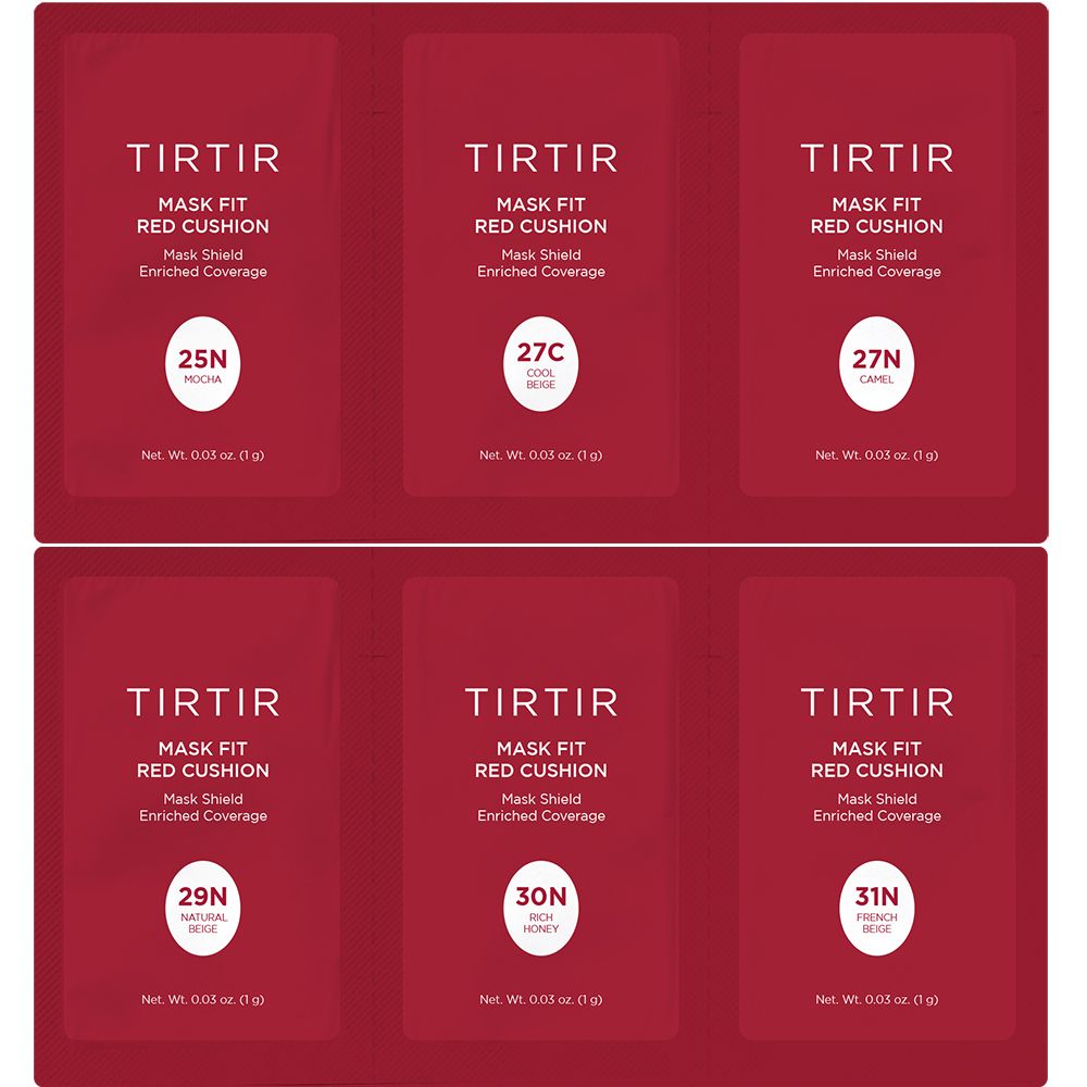 Sechs kleine, rote Verpackungen. Text: TIRTIR, Mask Fit Red Cushion, Mask Shield, Enriched Coverage. Farbvarianten: 25N, 27C, 27N, 29N, 30N, 31N. Net. Wt. 0.03 oz. (1g).