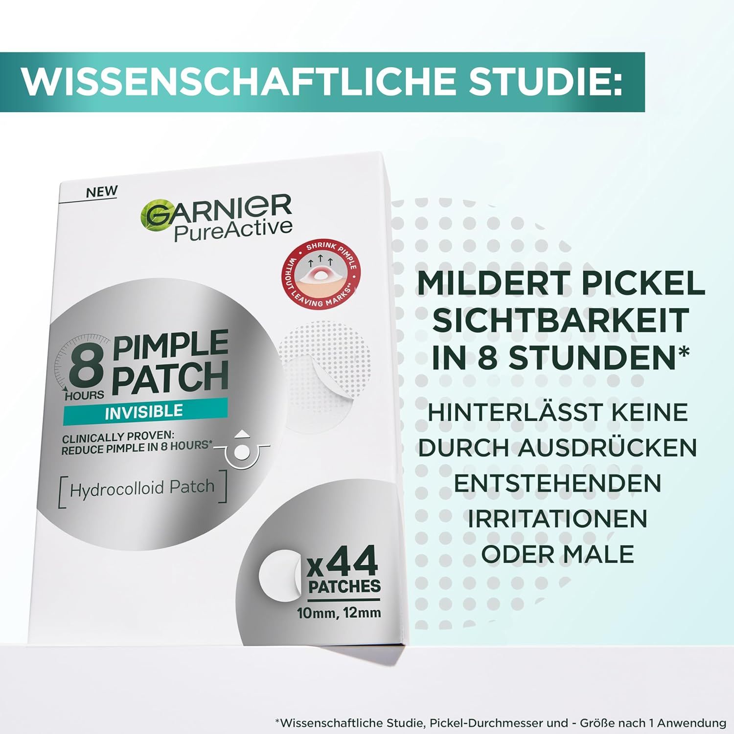 Garnier PureActive Pimple Patch Packung. Text: 'Mildert Pickel Sichtbarkeit in 8 Stunden'. Enthält 44 Patches, 10mm und 12mm.