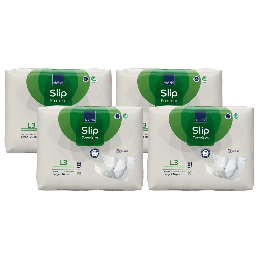 Vier Packungen ABENA Slip Premium L3. Jede Packung zeigt das Logo und Produktinformationen. Große Größe, 20 Stück.