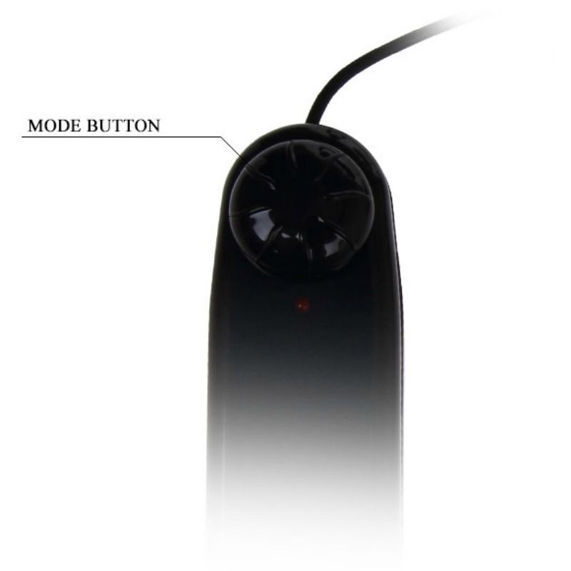 Schwarzer Bedienknopf mit roter LED. Beschriftung: MODE BUTTON.