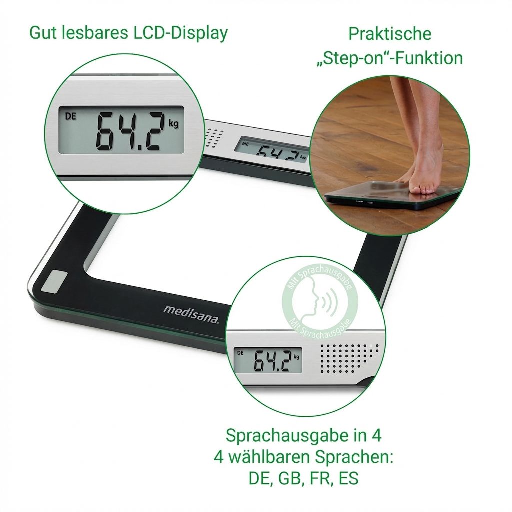 Sprechende Personenwaage: LCD-Display, Sprachausgabe in 4 Sprachen, Step-on-Funktion.