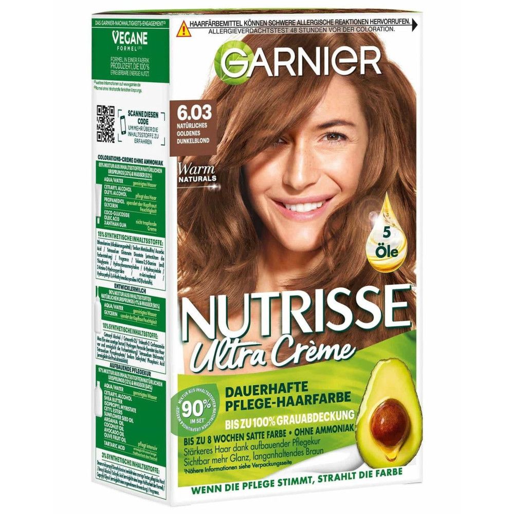 Vorderseite der Garnier Nutrisse Ultra Crème Packung. Enthält Produktnamen, Farbton und Abbildung einer Frau. Text in deutscher Sprache.