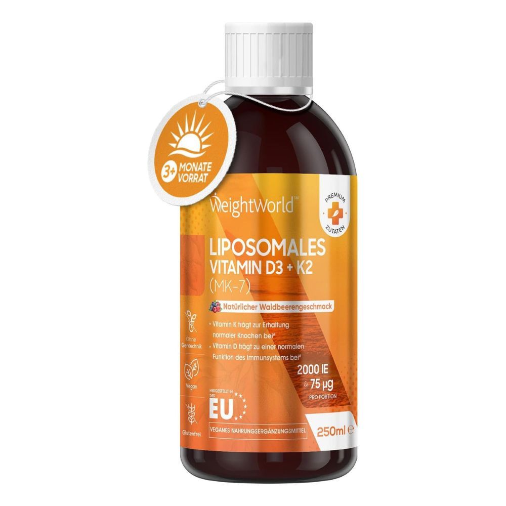 Produktflasche. Text: Liposomales Vitamin D3 + K2. 3 Monate Vorrat. 250ml. EU-Siegel.