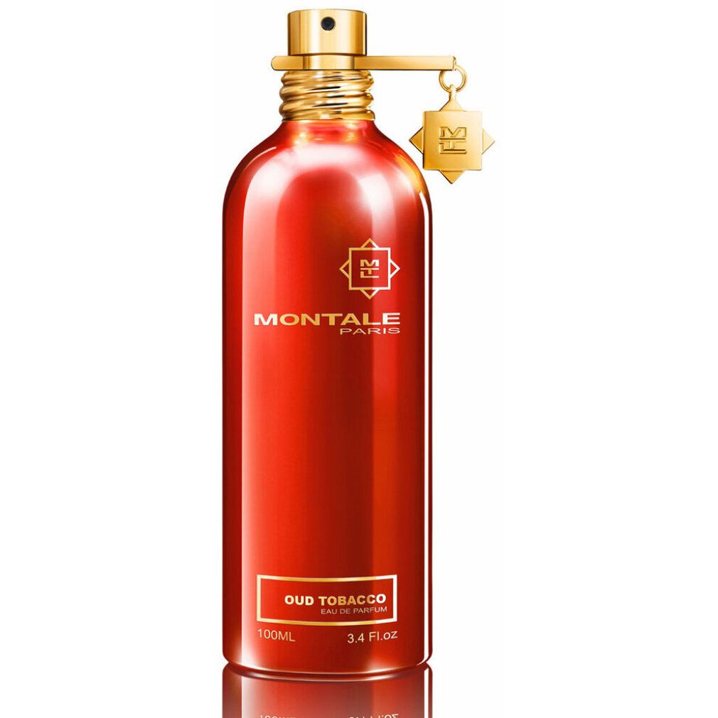 Roter Flakon mit goldfarbenem Verschluss und Anhänger. Aufschrift: MONTALE PARIS, Oud Tobacco, Eau de Parfum.