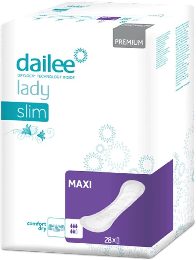 Dailee Lady Maxi Inkontinenzeinlagen. Weiße Einlage auf lila Hintergrund. Verpackung mit Dailee-Logo, Slim, Maxi und 28 Stück.