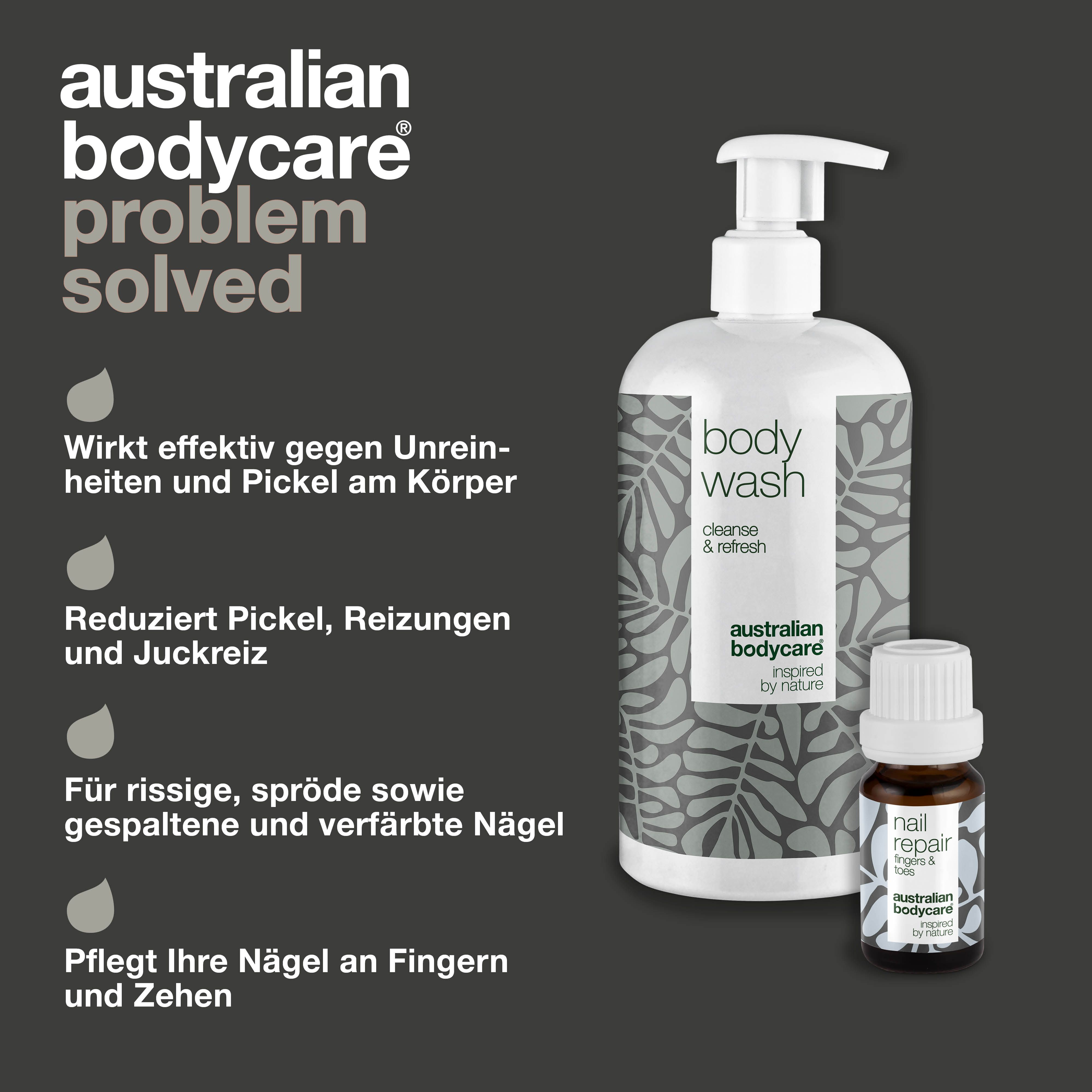 Produkt-Set: Körperwaschmittel und Nagelöl. Aufschrift: Australian Bodycare. Vorteile: gegen Unreinheiten, Nagelpflege.