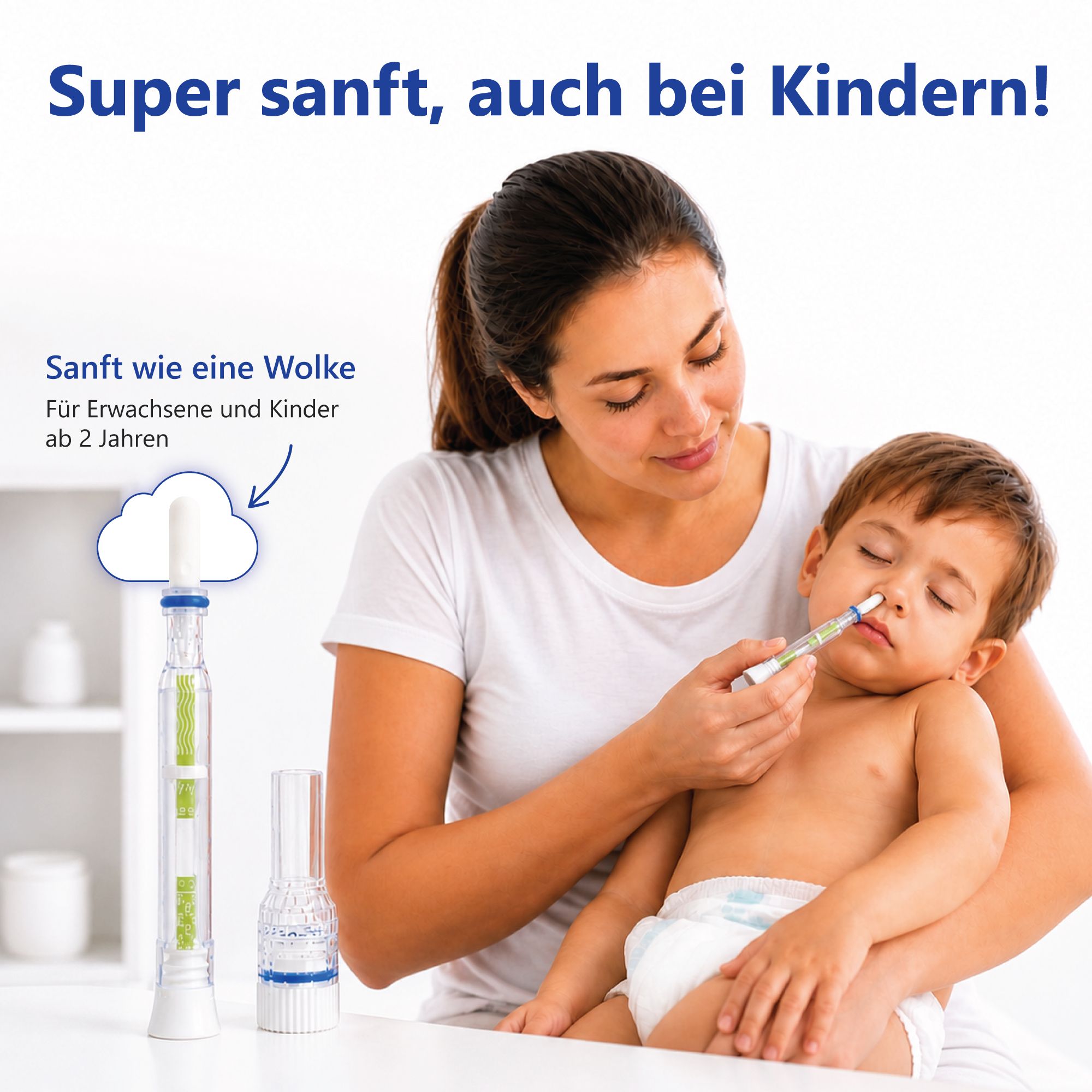 Mutter testet Kind. Teststab. Text: Super sanft, auch bei Kindern! Sanft wie eine Wolke.