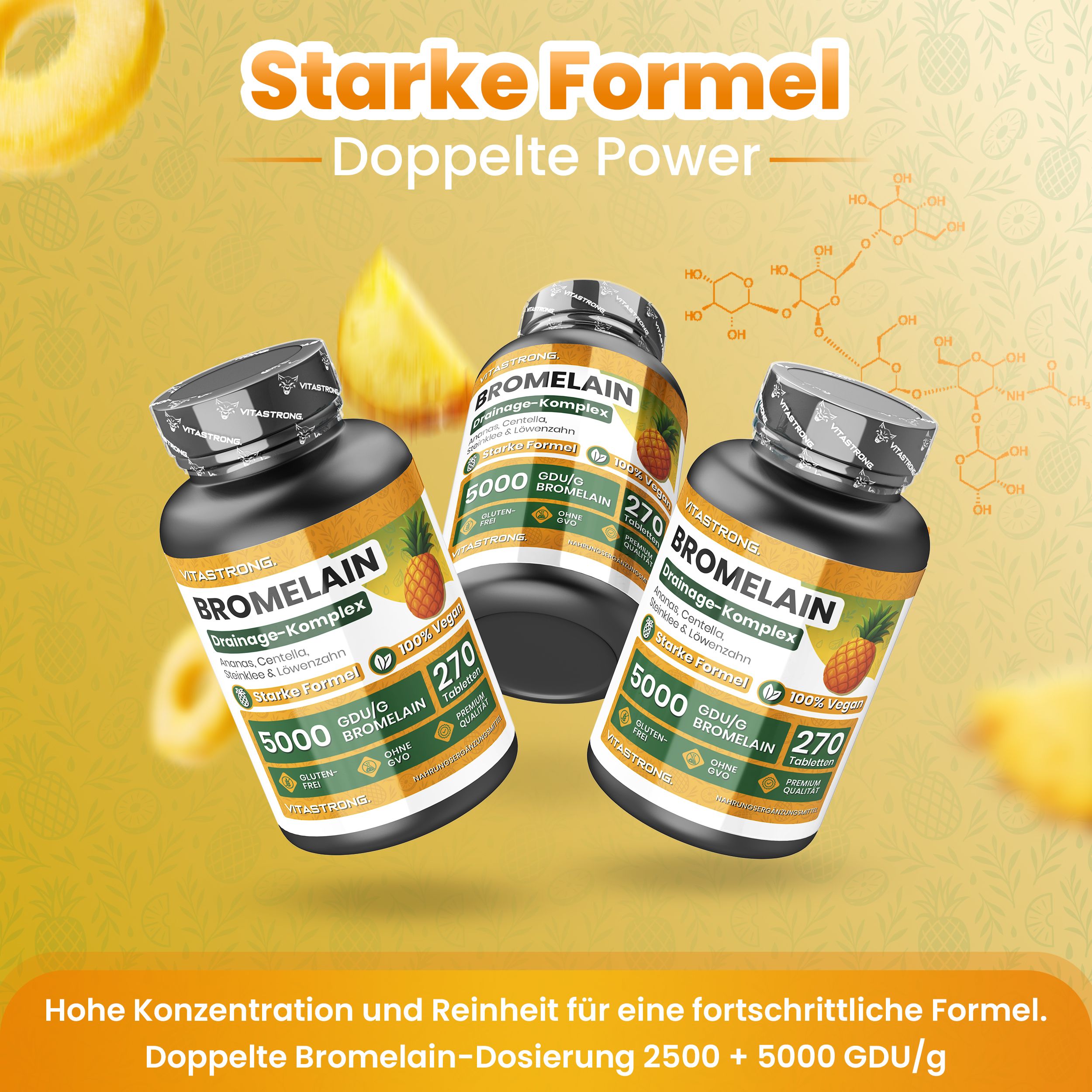 Tabletten-Dose mit Bromelain, Ananas-Stücken. Ohne Gentechnik, Laktose, Gluten. 270 Tabletten. Vitastrong.