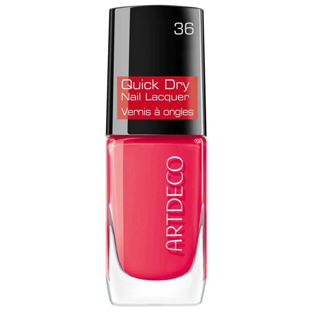 Artdeco Quick Dry Nagellack in Pink Passion, Flasche mit schwarzem Deckel und rotem Etikett.