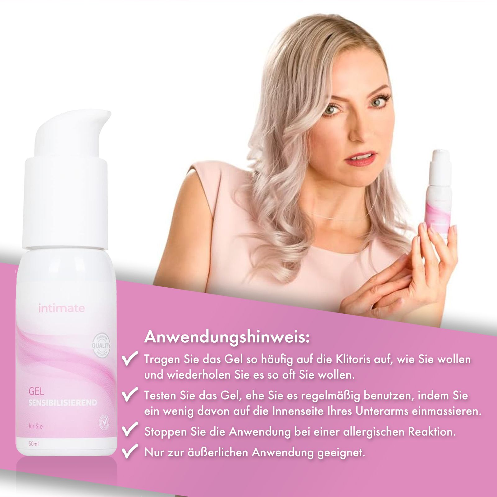 Produktflasche mit Pumpkopf. Aufschrift: Intimate, Gel sensibilisierendes. Rosa Design. Anwendungshinweis.