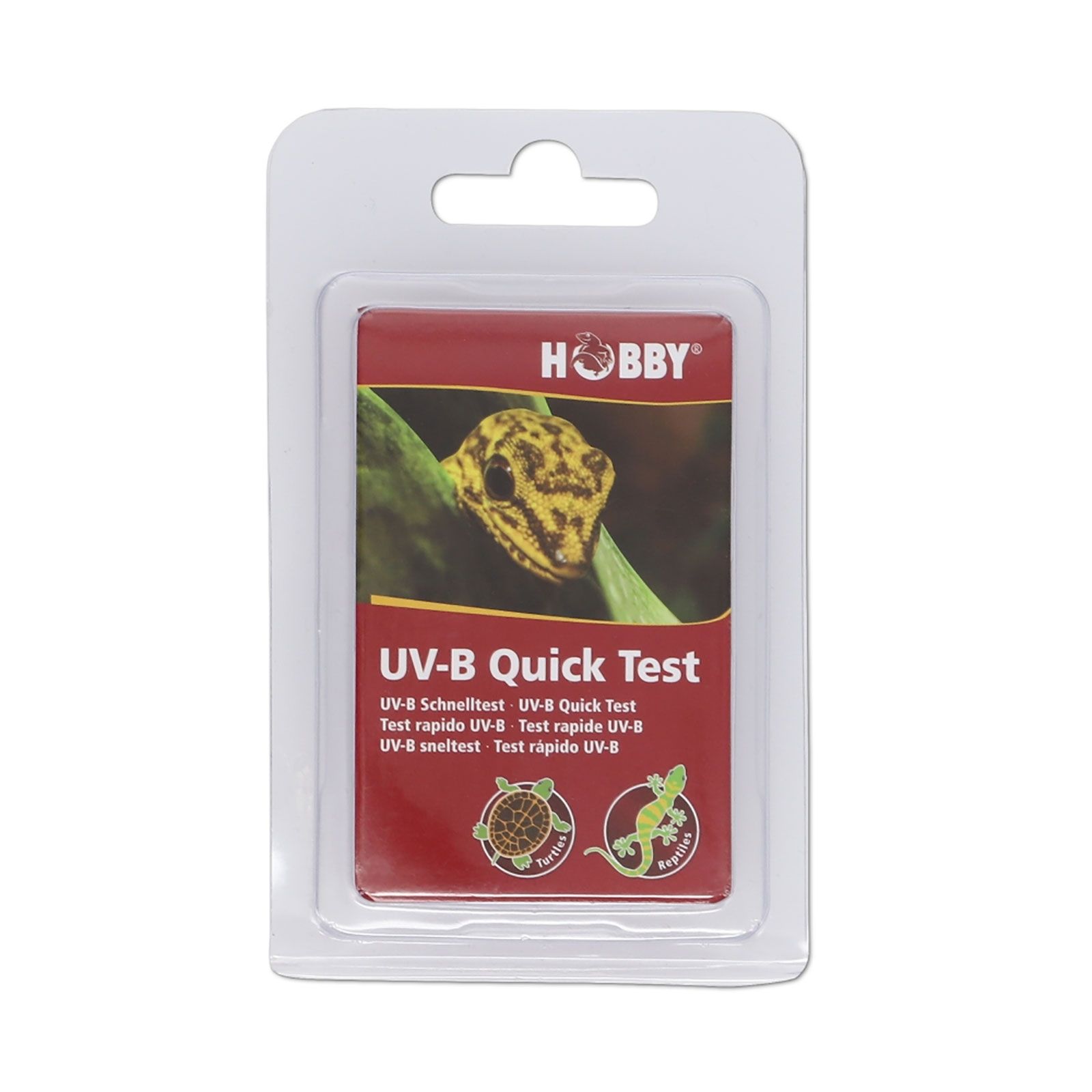 Verpackung mit UV-B Quick Test. Rotes Etikett mit Logo und Produktbezeichnung. Abgebildet sind eine Schildkröte und eine Eidechse.
