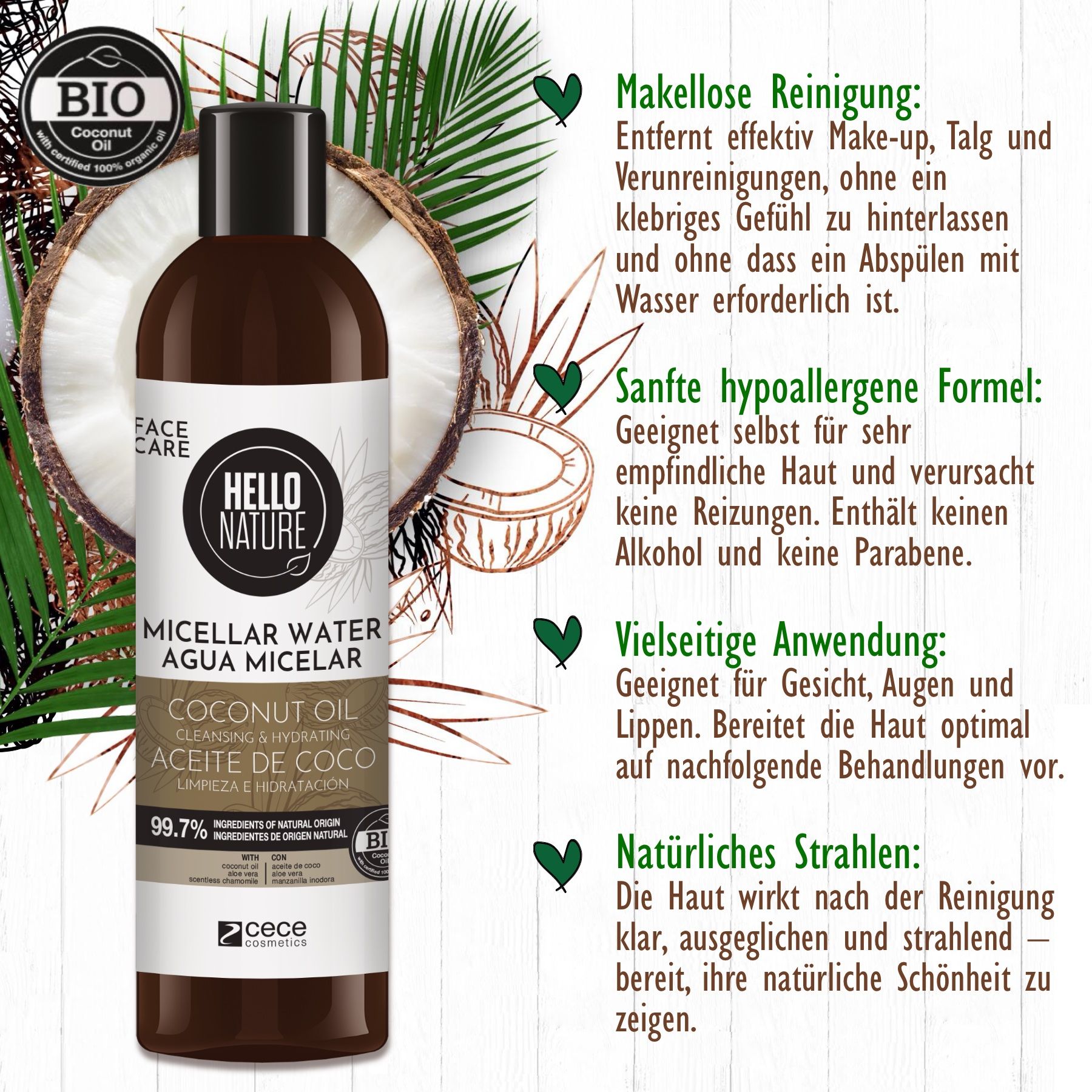 Flasche Mizellenwasser. Logo Hello Nature. Text: Mizellenwasser, Agua Micelar, Coconut Oil. Bio-Zertifizierung.