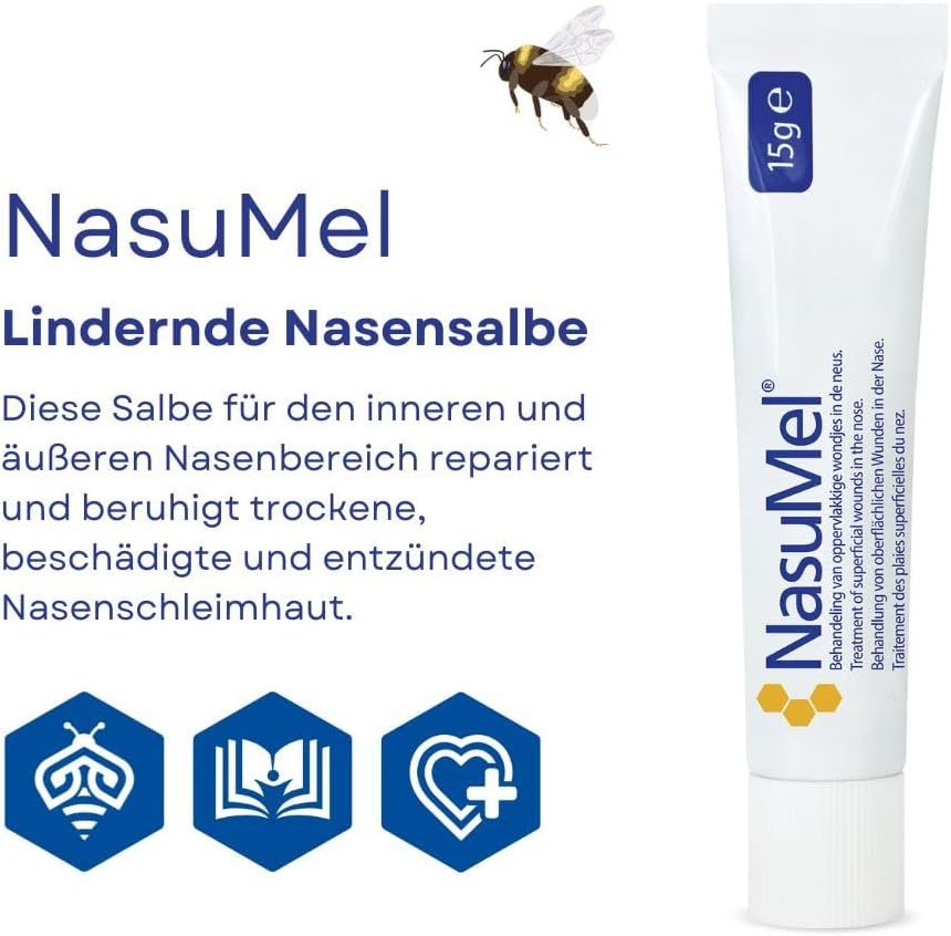 Nasencreme-Tube mit 15g Inhalt. Text: NasuMel, lindernde Nasensalbe. Abbildung einer Biene und Icons.