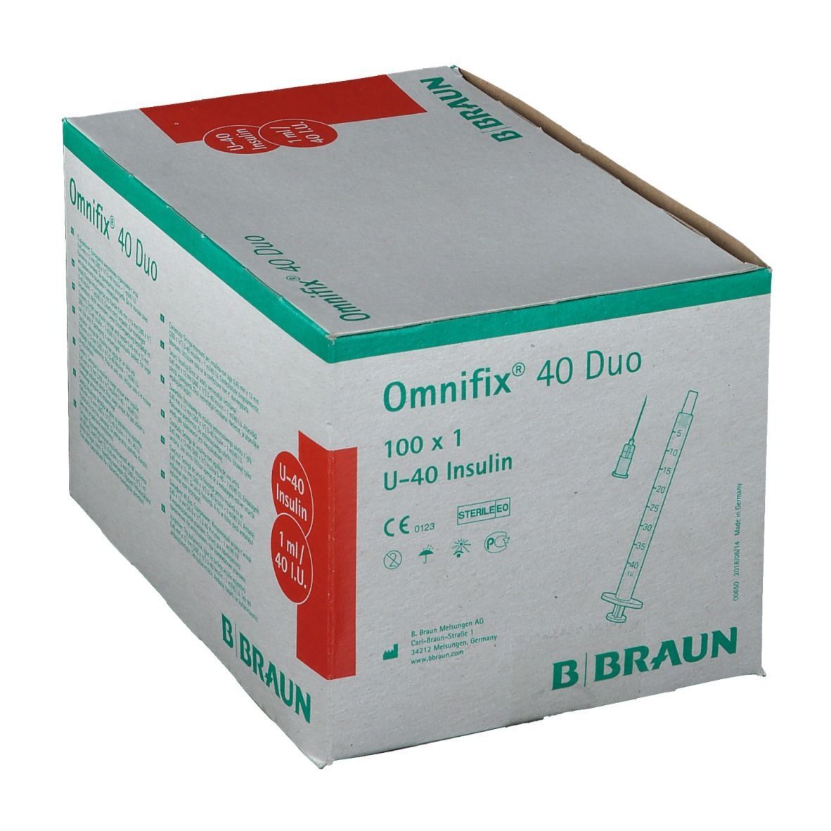 Omnifix 40 Duo-Verpackung. Weiß-grauer Karton mit roter Markierung. Text: U-40 Insulin, 1 ml/40 I.U. B. Braun-Logo.