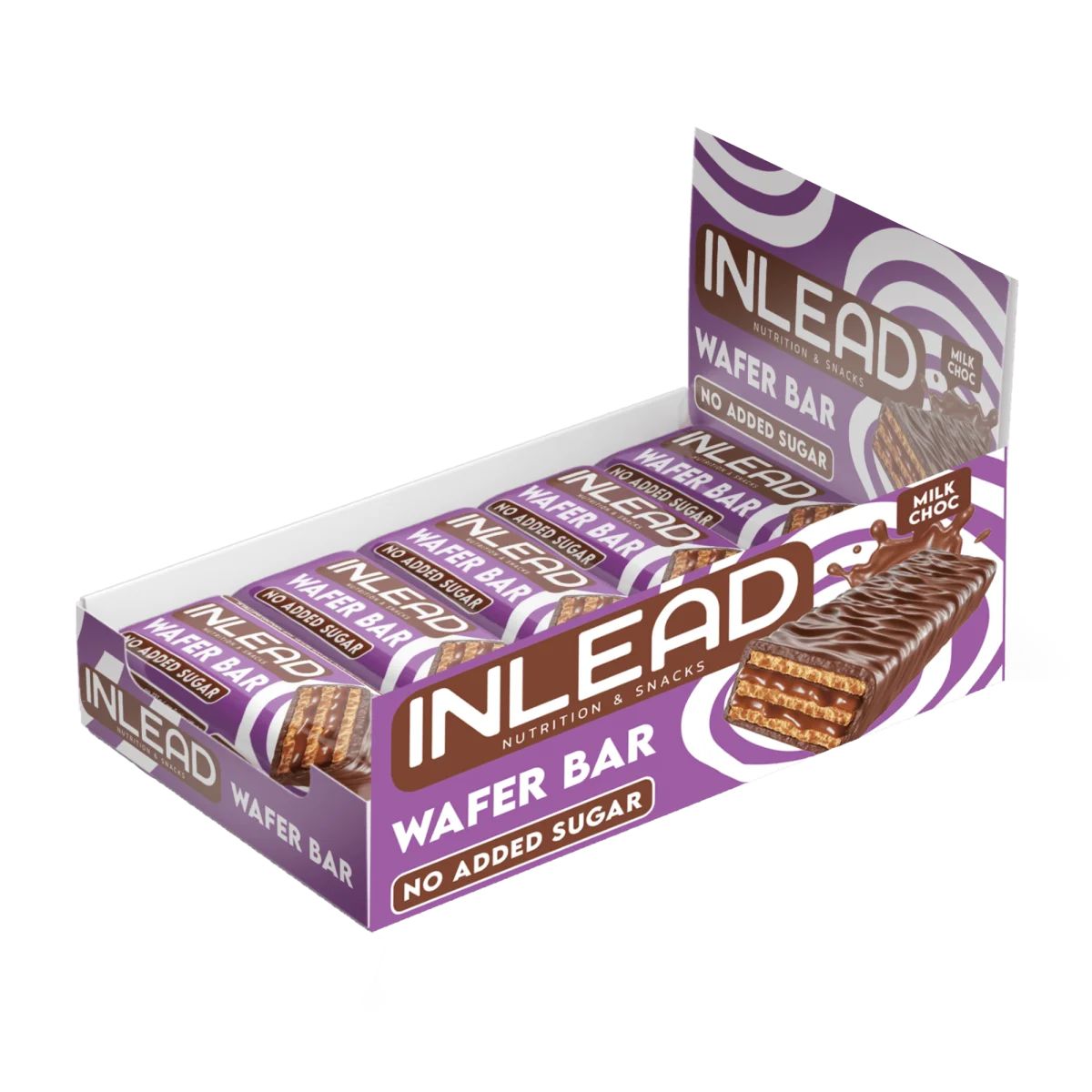 Verpackung mit INLEAD Wafer Bars. Aufschrift: Wafer Bar, ohne Zuckerzusatz. Einzelne Riegel in lila Verpackung. Gezeigt wird auch ein einzelner Riegel.