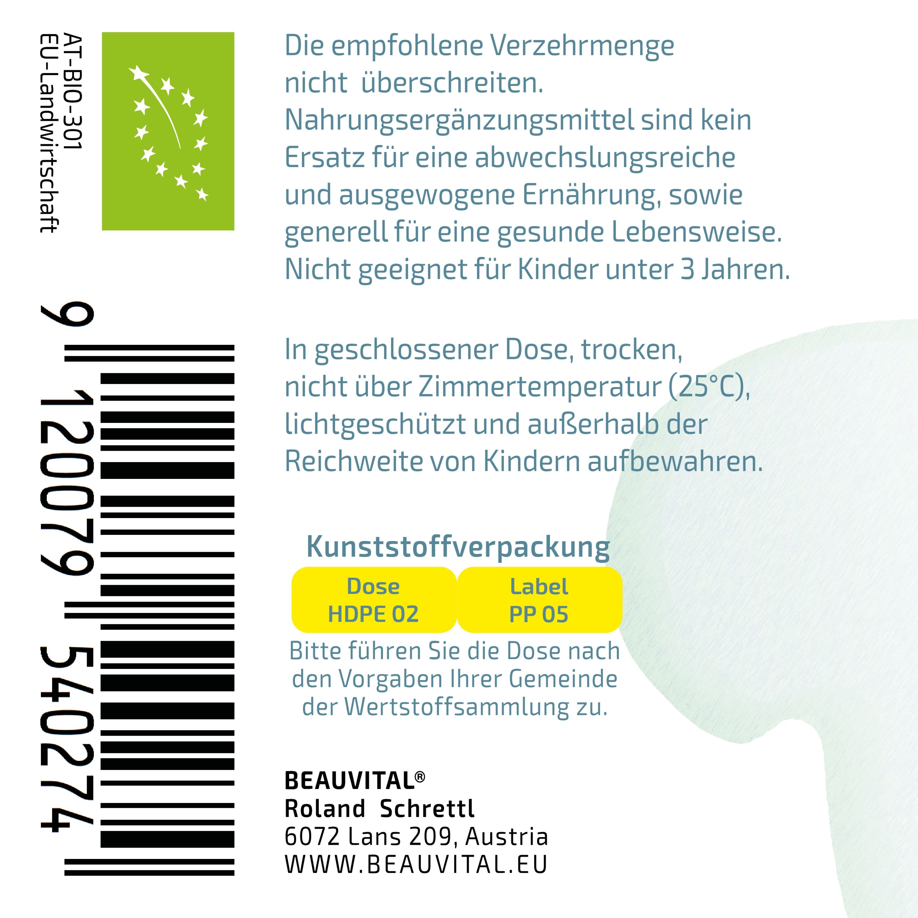 Rückseite BEAUVITAL Mandelpilz Kapseln: EU-Bio-Siegel, Barcode, Produktinformationen.