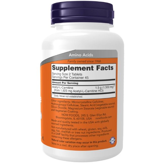 Rückseite einer Flasche Now Foods Acetyl-L-Carnitine 750 mg mit Nährwertangaben.